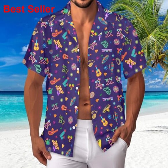 Polyester Spandex Button Down Shirt Short Sleeve Tropical - Picture 3 of 7